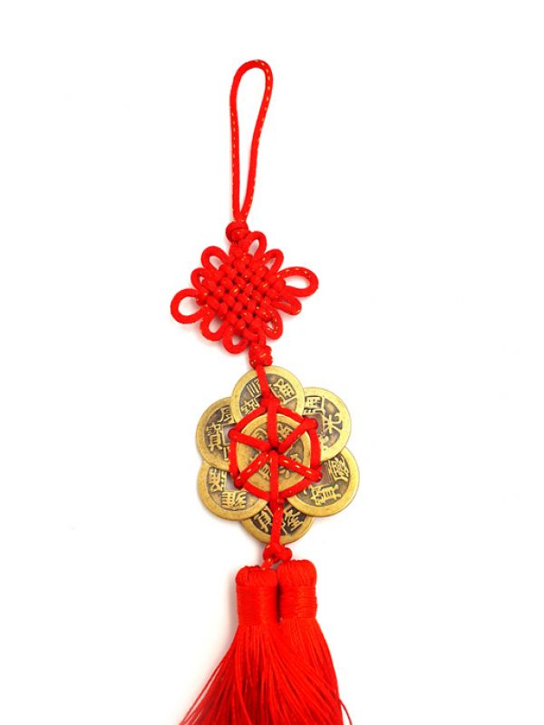 Haga clic en la imagen para ampliar Colgante Feng Shui 7 monedas - rojo 2