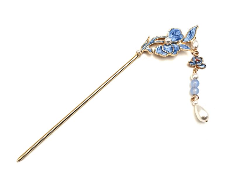 Épingle à cheveux chinoise cloisonnée – Fleur bleue et perles délicates