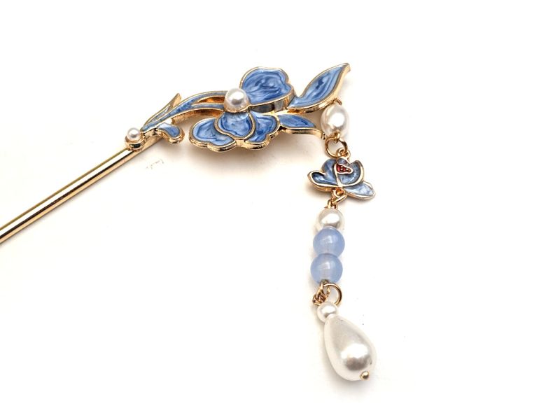 Cliquez sur la vignette pour agrandir et survolez la photo pour zoomer Épingle à cheveux chinoise cloisonnée – Fleur bleue et perles délicates 2