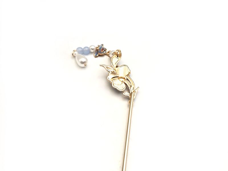Cliquez sur la vignette pour agrandir et survolez la photo pour zoomer Épingle à cheveux chinoise cloisonnée – Fleur bleue et perles délicates 3