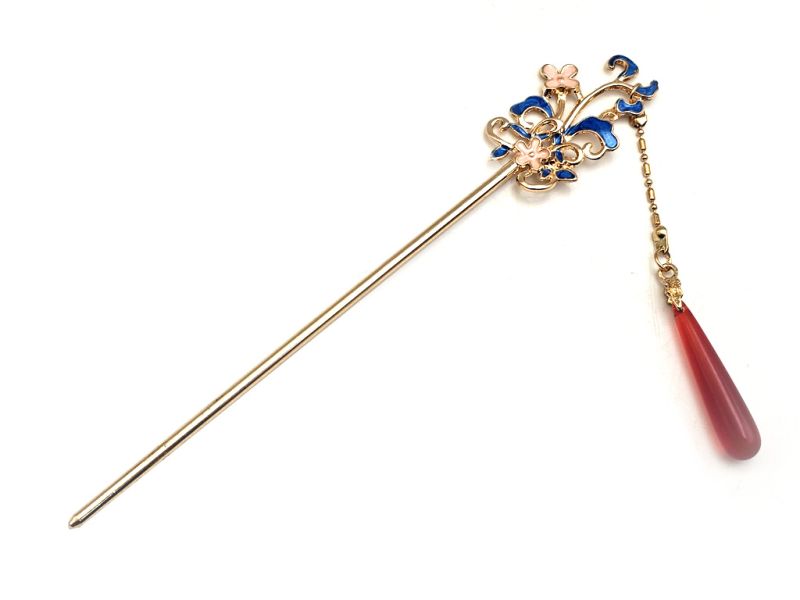 Épingle à cheveux chinoise cloisonnée – Fleurs bleues et pendentif rouge