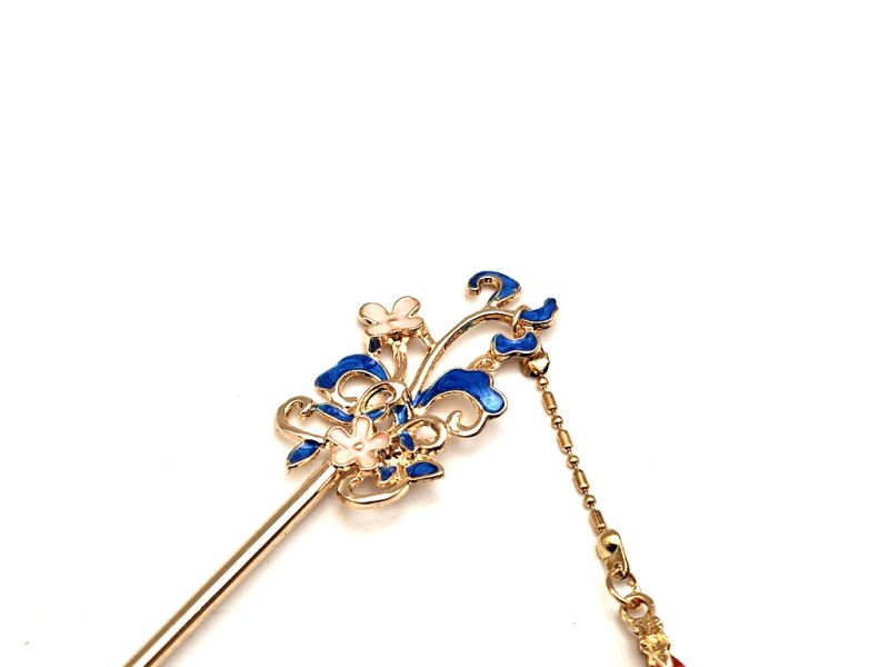 Cliquez sur la vignette pour agrandir et survolez la photo pour zoomer Épingle à cheveux chinoise cloisonnée – Fleurs bleues et pendentif rouge 2