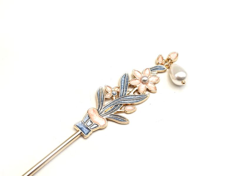 Cliquez sur la vignette pour agrandir et survolez la photo pour zoomer Épingle à cheveux chinoise porte-bonheur – Fleurs délicates et perle 2