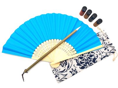 Éventail à peindre - Adulte - Calligraphie chinoise - DIY - Bleu