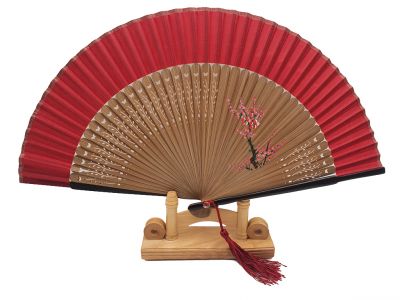 Éventail Asiatique - Peint à la main - Fleurs de cerisier - Rouge et marron