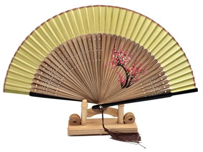 Éventail Asiatique – Peint à la main – Fleurs de cerisier sur bois naturel et tissu jaune