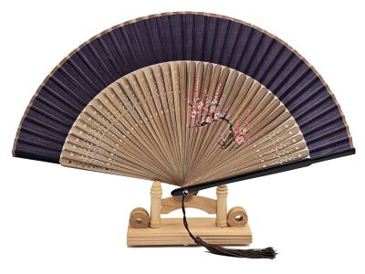 Éventail Asiatique - Peint à la main - Fleurs de cerisier sur bois naturel et tissu violet