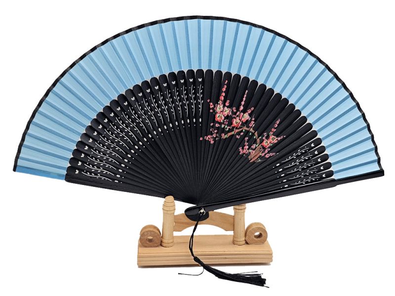Éventail Asiatique - Peint à la main - Fleurs de cerisier sur bois noir et tissu bleu clair