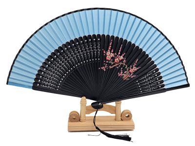 Éventail Asiatique - Peint à la main - Fleurs de cerisier sur bois noir et tissu bleu clair