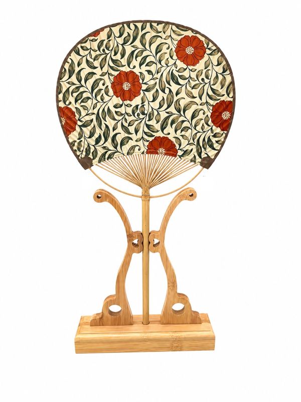 Éventail Japonais Uchiwa Beige à Fleurs Rouges - Bois et Tissu