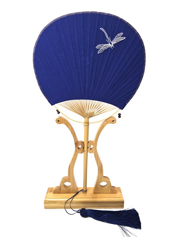 Éventail Japonais Uchiwa Bleu Marine avec Libellule - Bois et Tissu