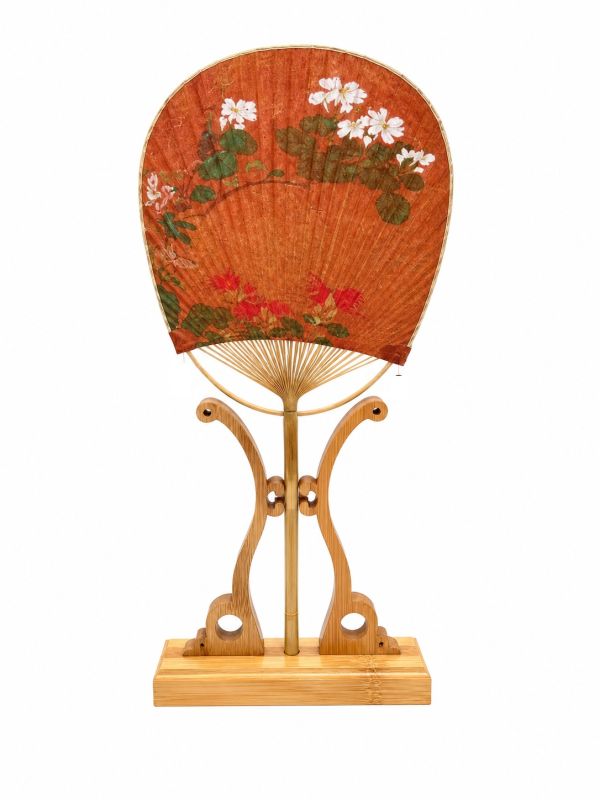 Éventail Japonais Uchiwa Orange à Fleurs Blanches - Bois et Tissu