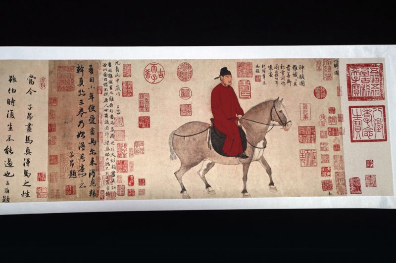 Gemälde auf Chinesischer Rolle Alltagsszenen- Mann, der ein Pferd reitet - Zhao Mengfu 3