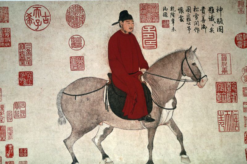 Gemälde auf Chinesischer Rolle Alltagsszenen- Mann, der ein Pferd reitet - Zhao Mengfu 4