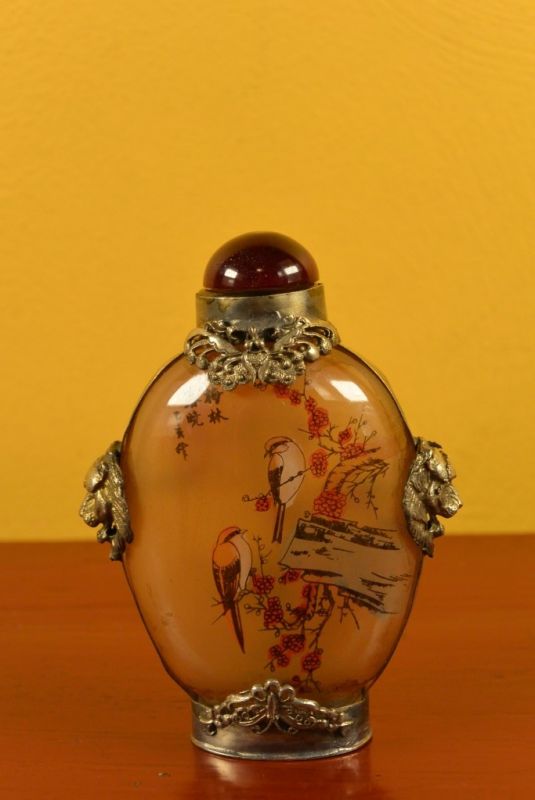 Glas Schnupftabakflasche2 Vögel 3
