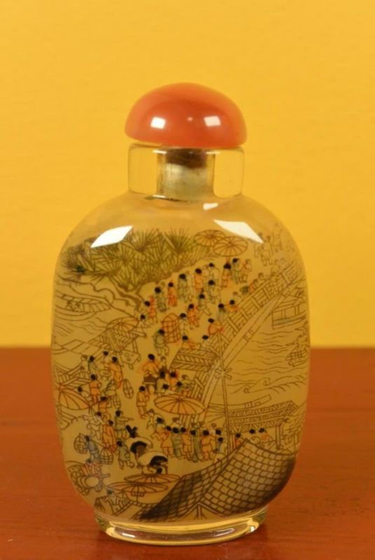 Glas Schnupftabakflasche - Künstler - Chinesisches Dorf 3