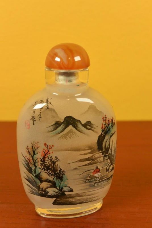Glas Schnupftabakflasche - Künstler - Mönche unter einem Baum 3