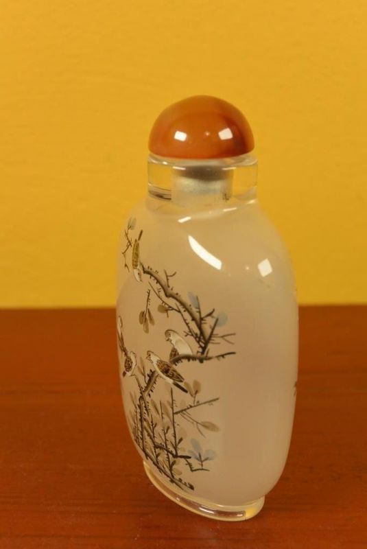 Glas Schnupftabakflasche - Künstler - Vögel auf einem Kirschbaum 2