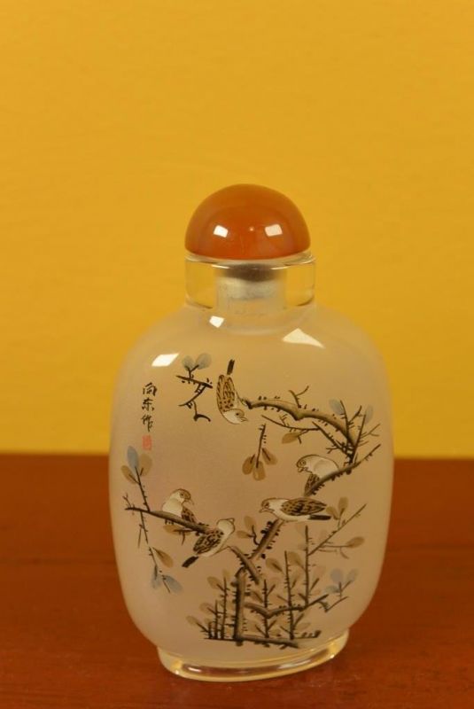 Glas Schnupftabakflasche - Künstler - Vögel auf einem Kirschbaum 3