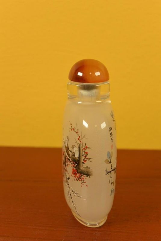 Glas Schnupftabakflasche - Künstler - Vögel auf einem Kirschbaum 4