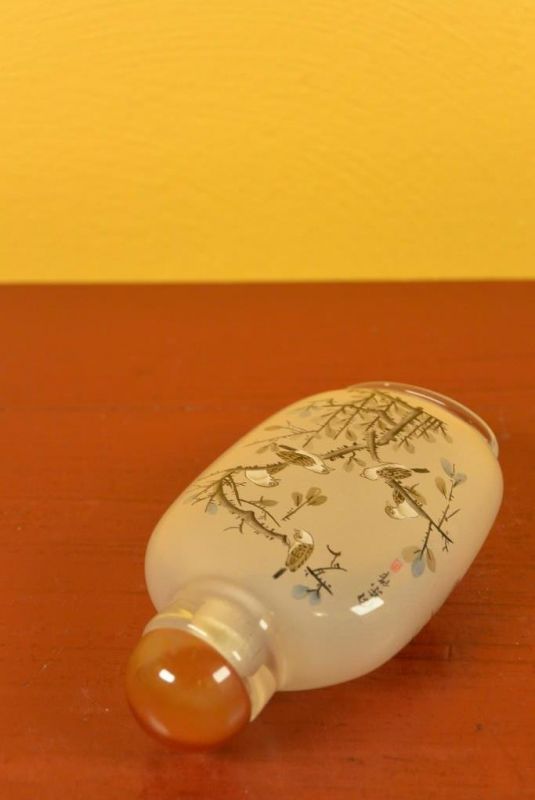 Glas Schnupftabakflasche - Künstler - Vögel auf einem Kirschbaum 5