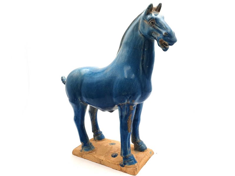 Glasiertes Terrakotta Tang Pferd - Statue - Blau 2