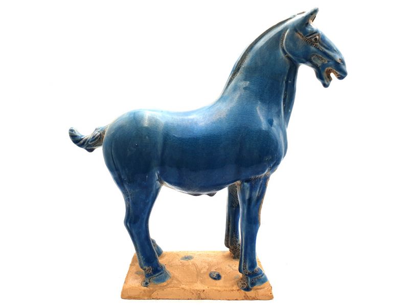Glasiertes Terrakotta Tang Pferd - Statue - Blau 5