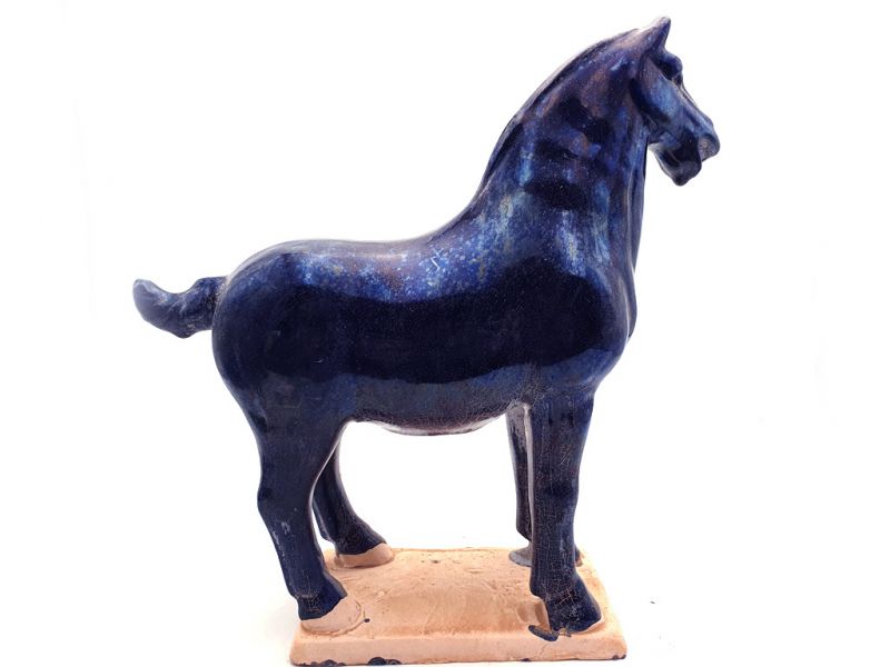 Glasiertes Terrakotta Tang Pferd - Statue - Marineblau 2