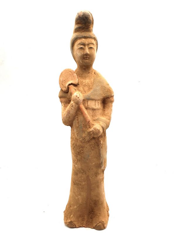 Gran Estatua de terracotta Dama de la corte China Abanico 1