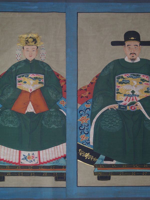 Gran Pareja de ancestros Chinos Pintura China Verde 1