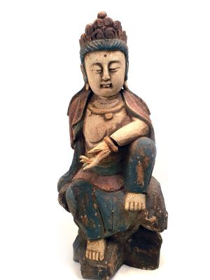 Grande Déesse en Bois Chinoise Manjushri Polychrome