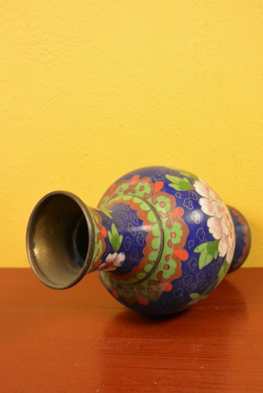 Große Chinesische Vase in Cloisonné Blau Blumen 4