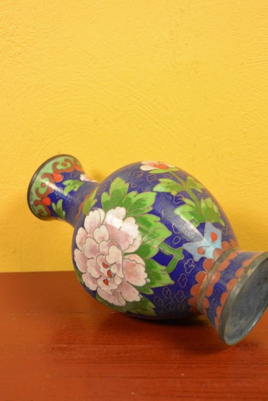 Große Chinesische Vase in Cloisonné Blau Blumen 5
