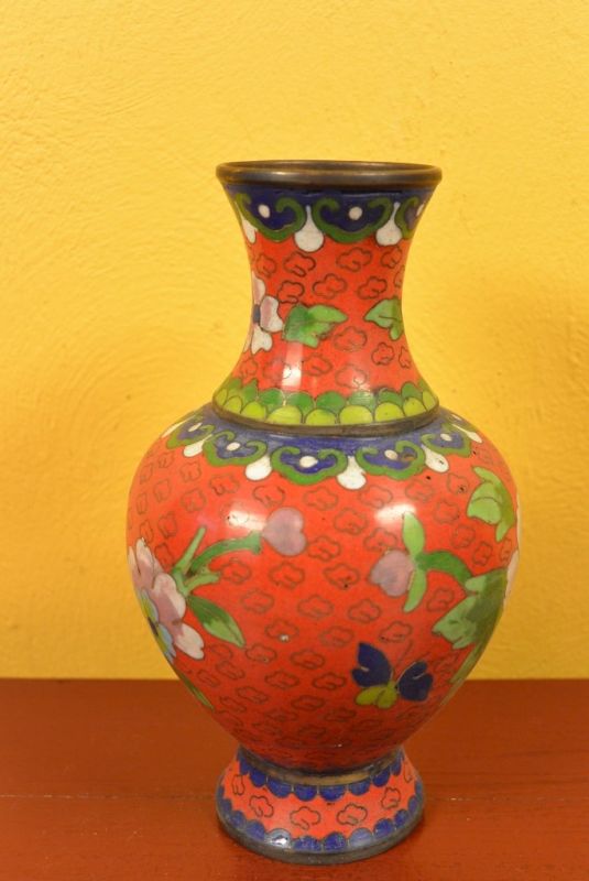 Große Chinesische Vase in Cloisonné Rot Blumen 2