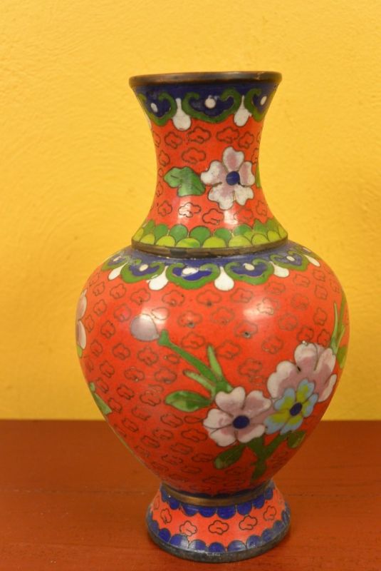 Große Chinesische Vase in Cloisonné Rot Blumen 3