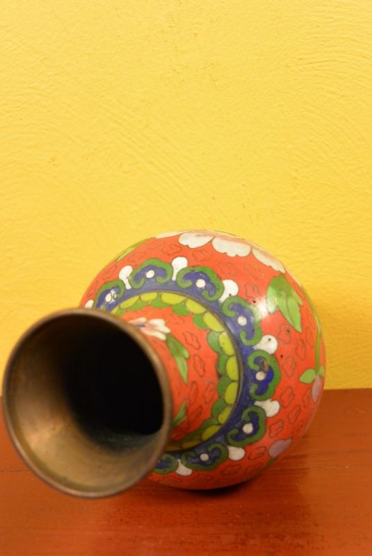 Große Chinesische Vase in Cloisonné Rot Blumen 4