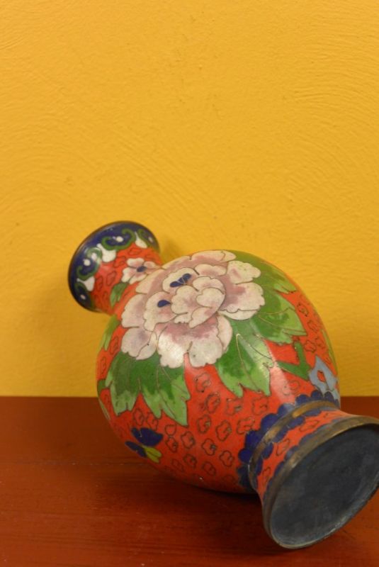 Große Chinesische Vase in Cloisonné Rot Blumen 5