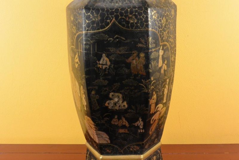 Große chinesische Vase schwarz und gold chinesischen Lack Landschaft 2 5