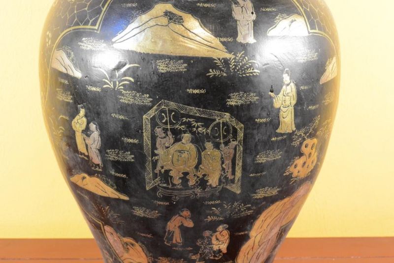 Große chinesische Vase schwarz und gold chinesischen Lack Landschaft 2