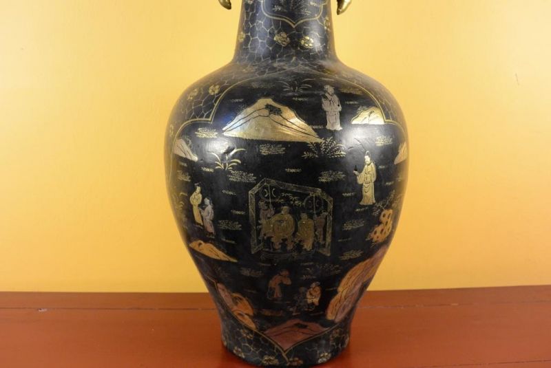 Große chinesische Vase schwarz und gold chinesischen Lack Landschaft 3