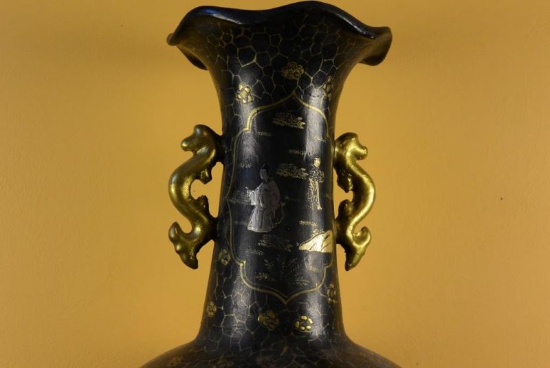 Große chinesische Vase schwarz und gold chinesischen Lack Landschaft 4