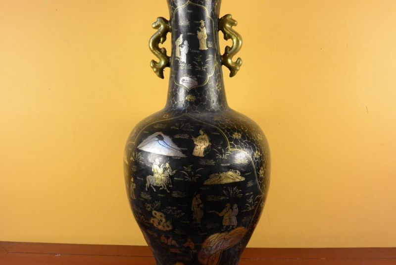 Große chinesische Vase schwarz und gold chinesischen Lack Landschaft 5