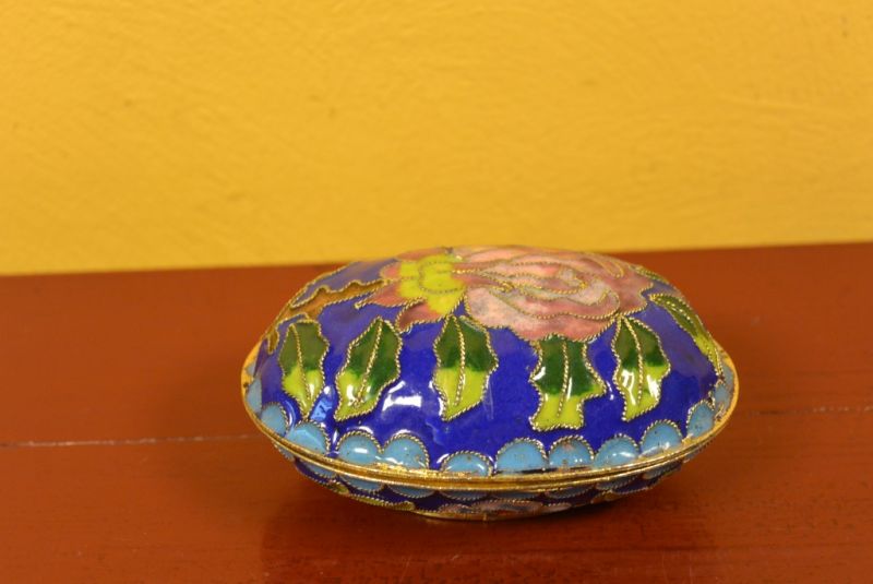 Grosse Cloisonne-Dose Blau Blumen 3