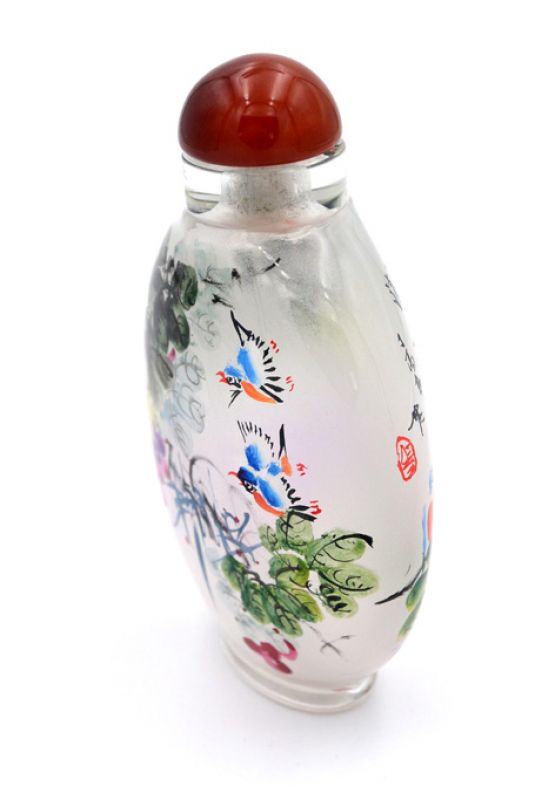 Große Glas Schnupftabakflasche - Künstler - Vögel am Rebstock 2