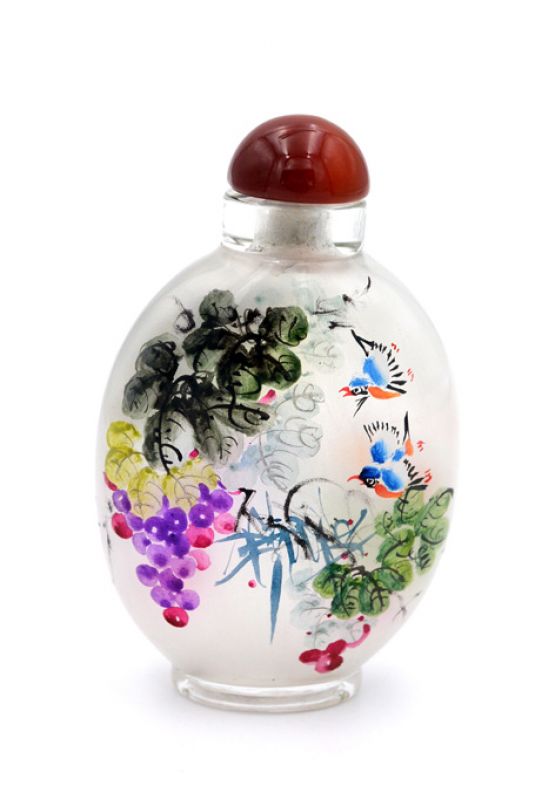Große Glas Schnupftabakflasche - Künstler - Vögel am Rebstock 3