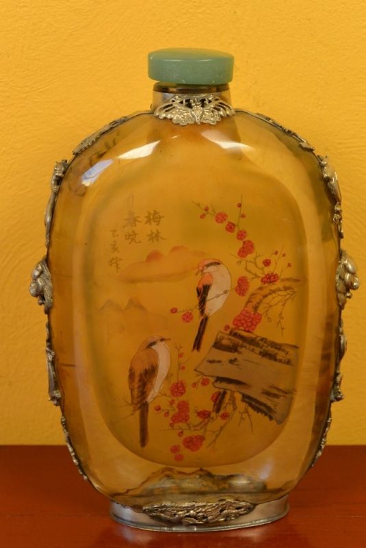 Große Glas Schnupftabakflasche Vögel 2