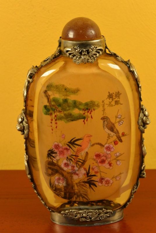 Große Glas Schnupftabakflasche Zwei Vögel 3