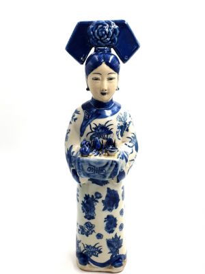 Statue Porcelaine Bleu Blanc Impératrice Chinoise - Corbeille de fruits