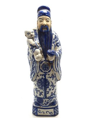 Statue Porcelaine Bleu Blanc Ancêtre de Chine