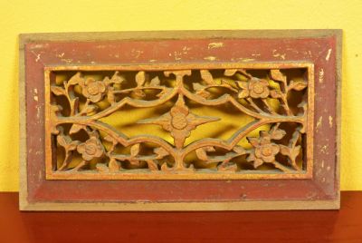 Ancien panneau chinois gravé fleurs Ancien panneau chinois gravé fleurs